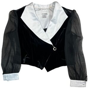 AFTERDARK Blk Velvet, Wht Satin Lapel Rhinestone Buttn Organza Sleeve Wom. Sz 16
